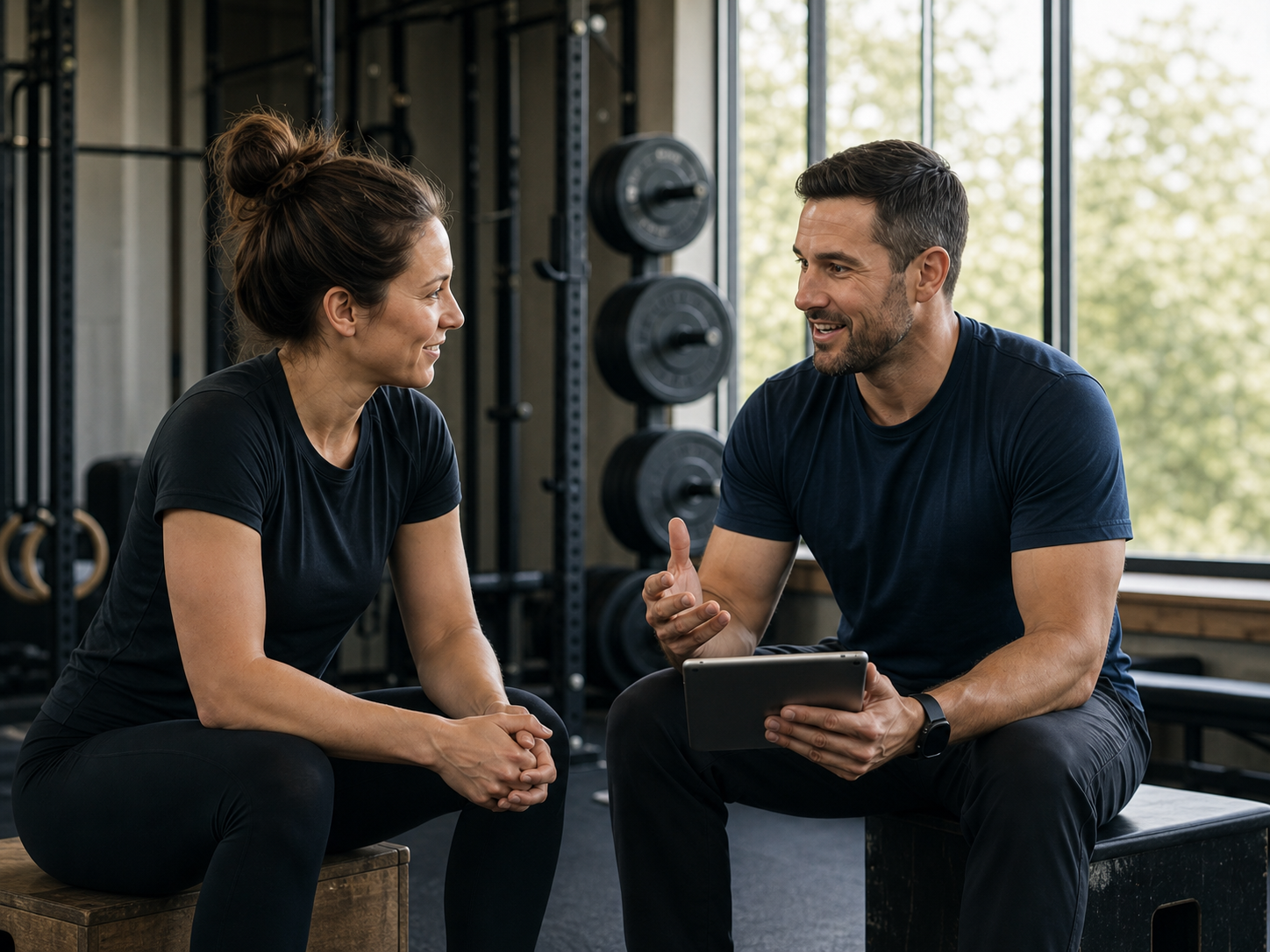 A Fortus coach and client discussing training after a session